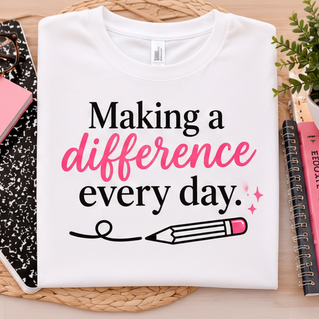 Close-up of "Making a difference every day" t-shirt print in black and pink lettering with pink pencil and sparkle accents

