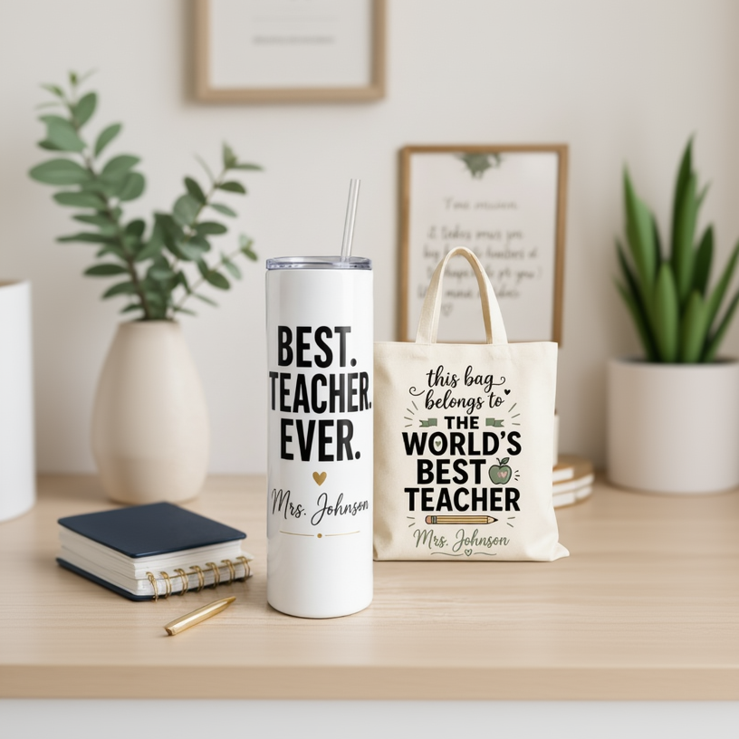 Best Teacher Ever personalized white 20oz skinny tumbler with teacher name — part of custom teacher gift bundle by Sugar and Stitch Designs

