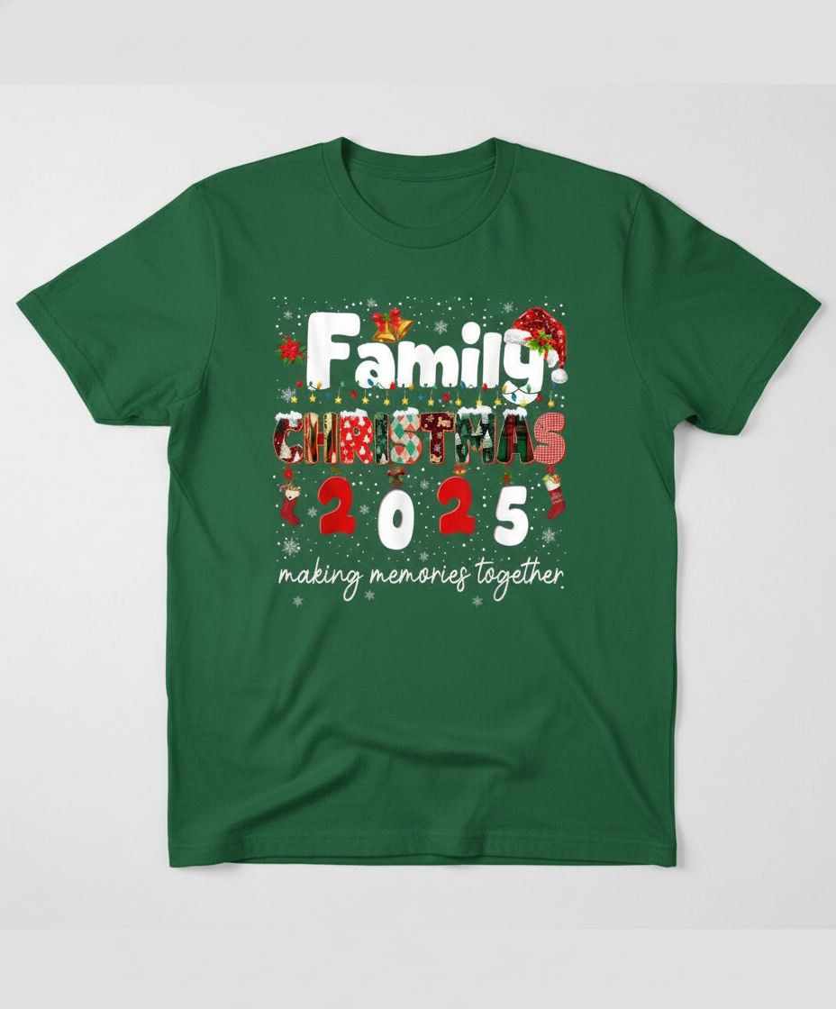 Family Christmas 2025 Green T-Shirt Flat Lay