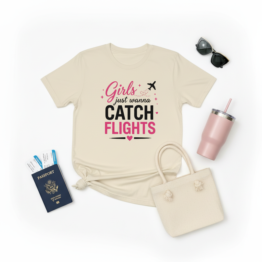 Flat lay with travel props — Girls Just Wanna Catch Flights tee