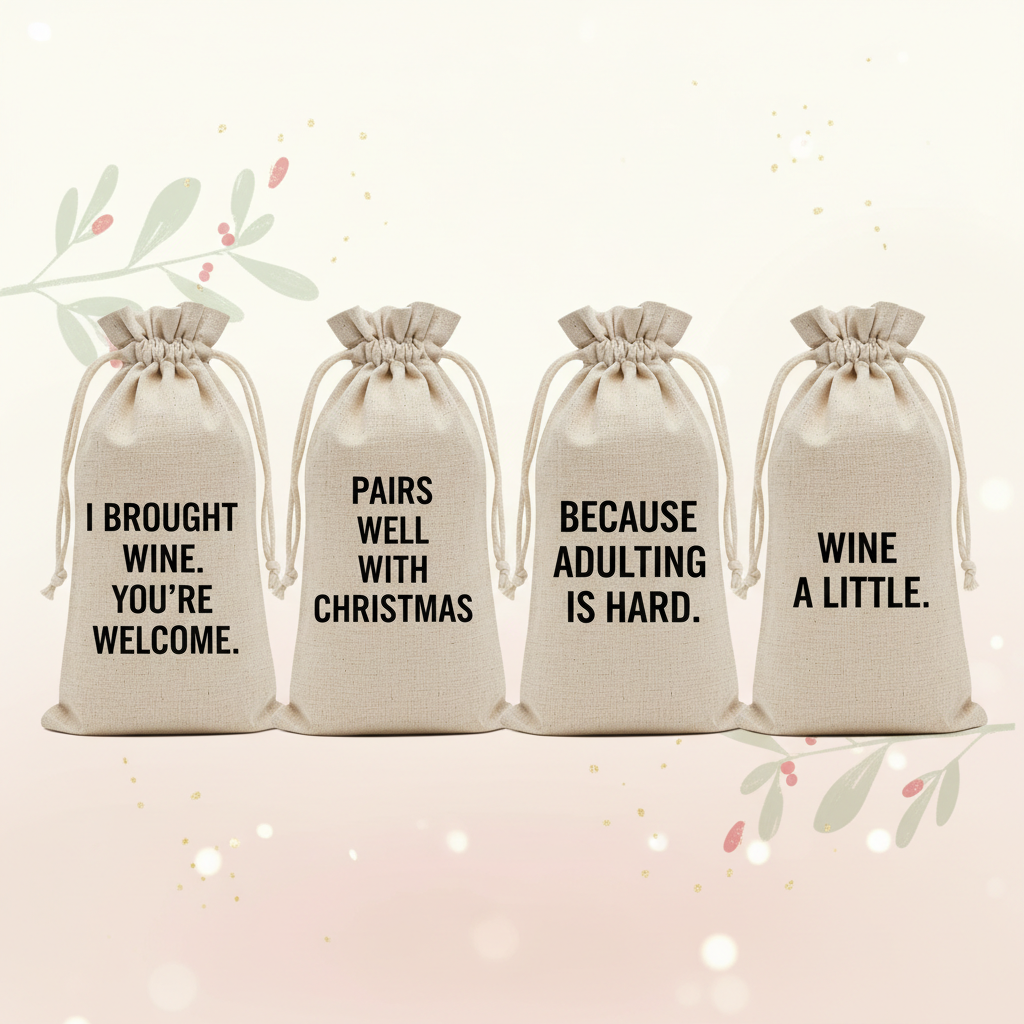 Fabric wine gift bag with humorous phrase
