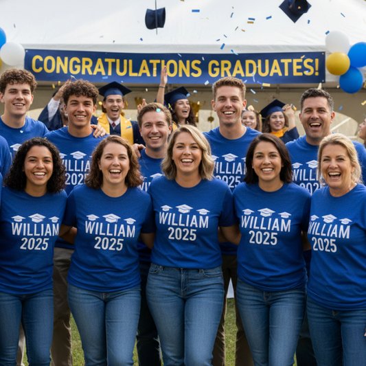Group in matching graduation t-shirts for William 2025