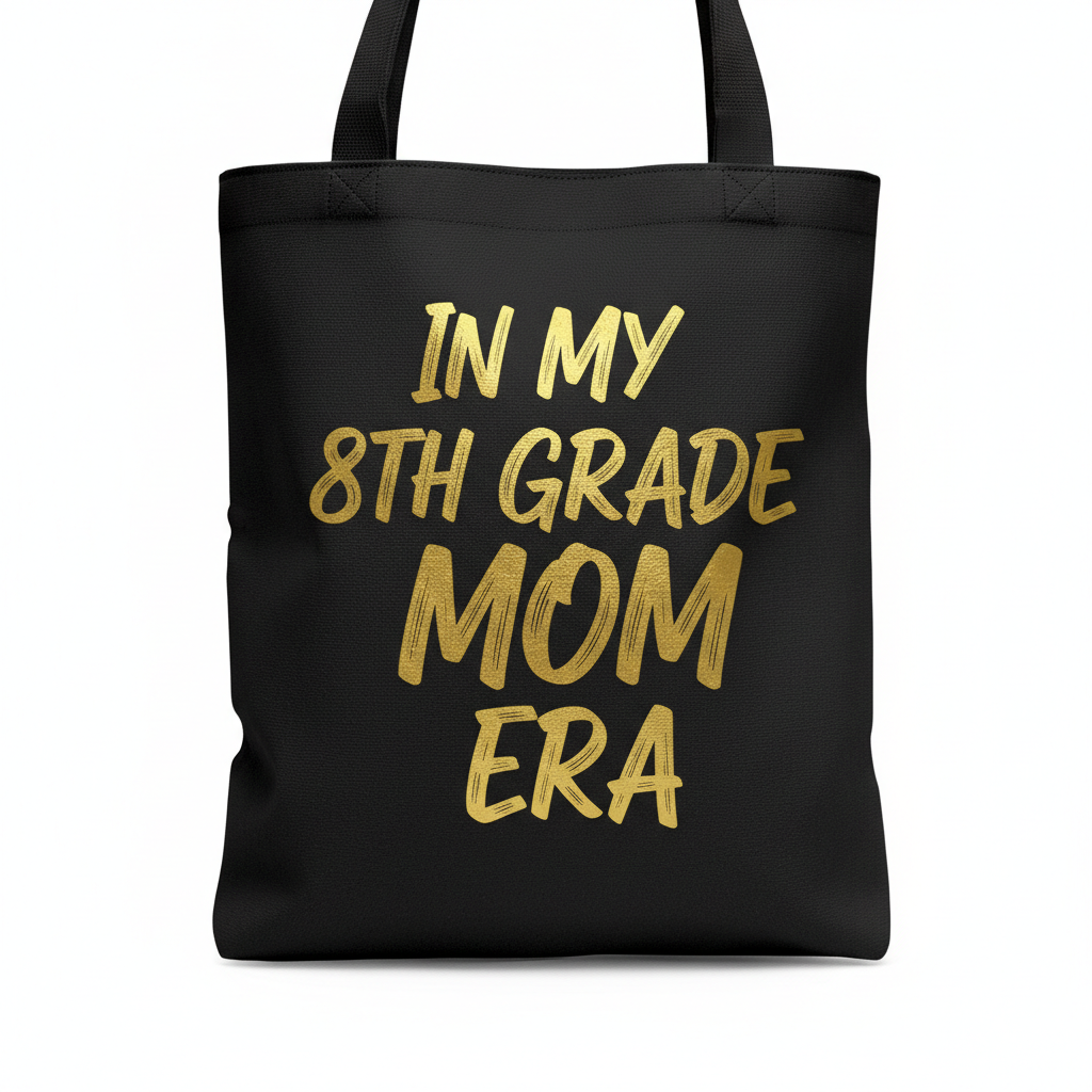 Black Class of 2027 tote bag with gold In My 8th Grade Mom Era design