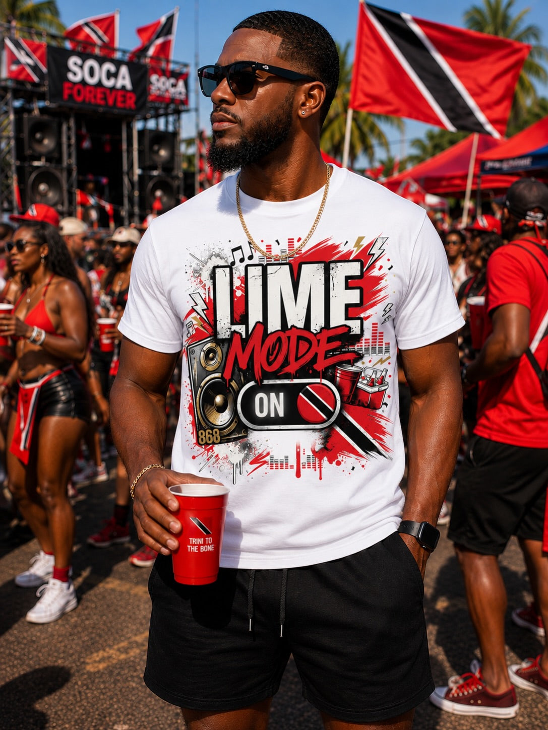 Man in Lime Mode ON Trinidad tee at outdoor soca festival with red cup and crowd behind