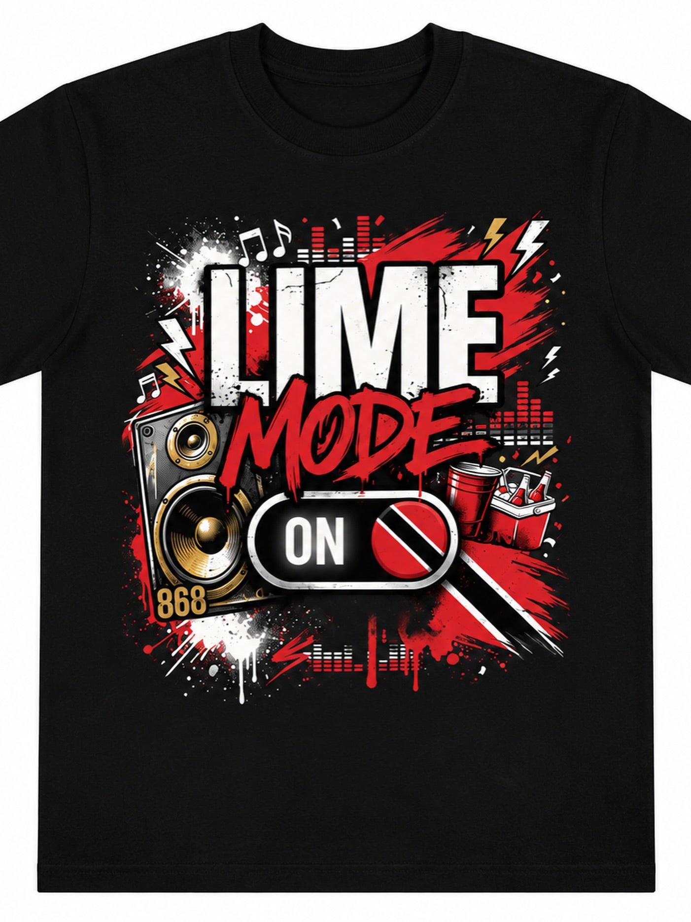 Black Lime Mode ON Trinidad 868 graphic tee flat lay product photo
