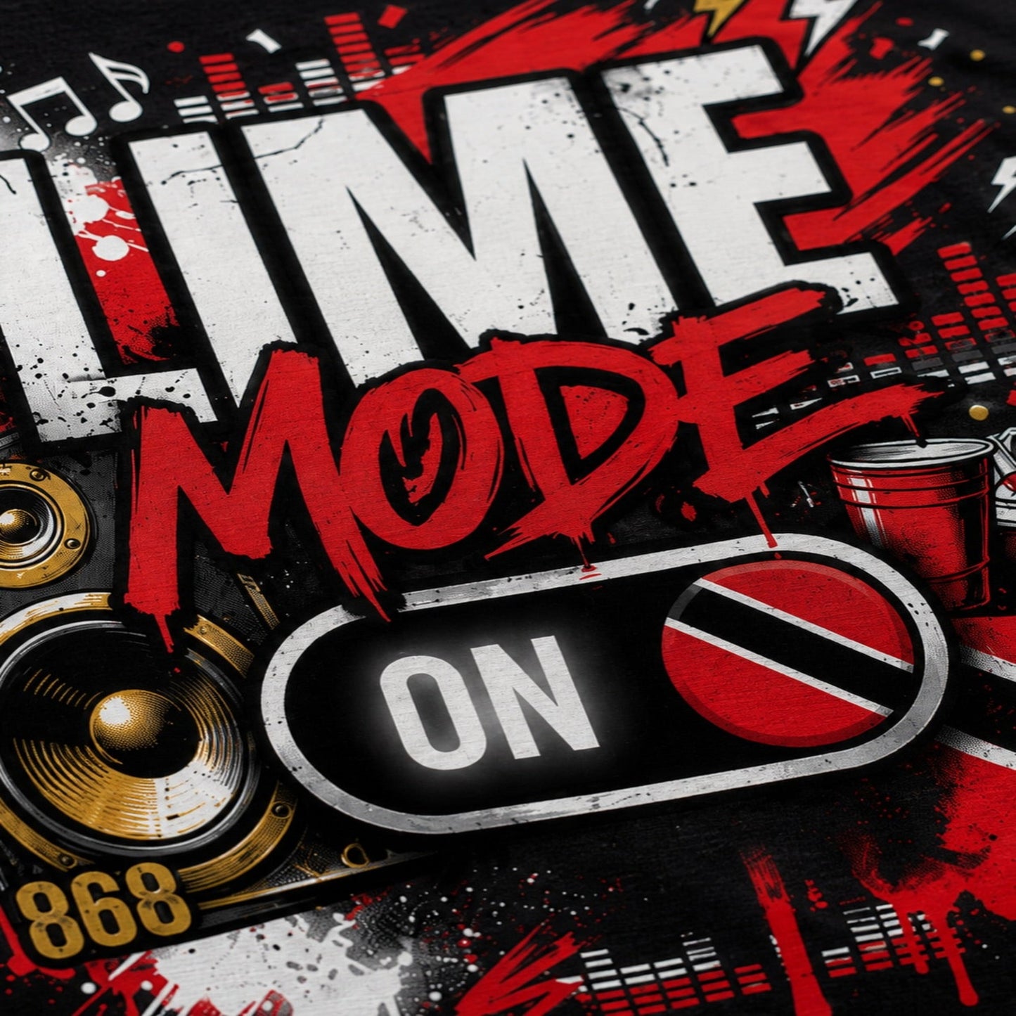 Lifestyle close-up of Lime Mode ON 868 Trinidad graphic tee at soca event