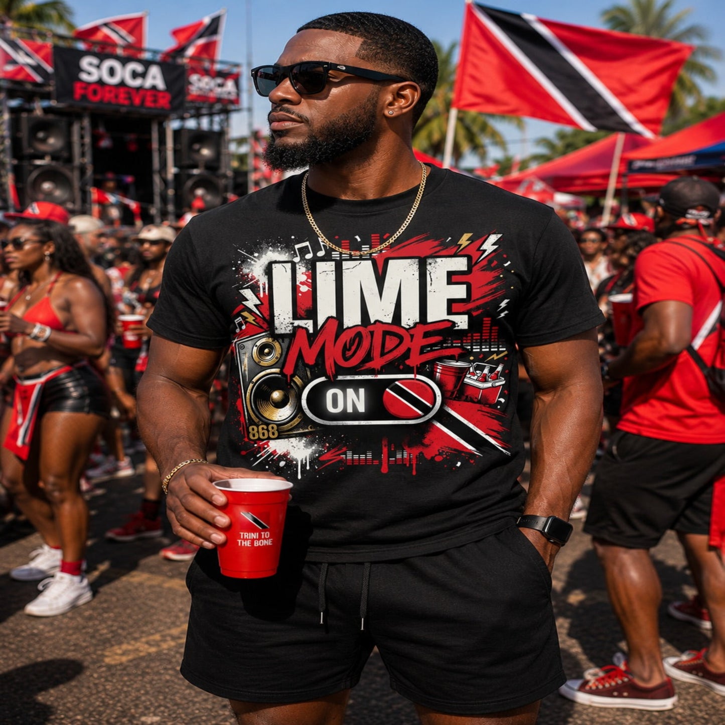 Man wearing black Lime Mode ON Trinidad t-shirt at Caribbean soca festival with Trinidad flags in background