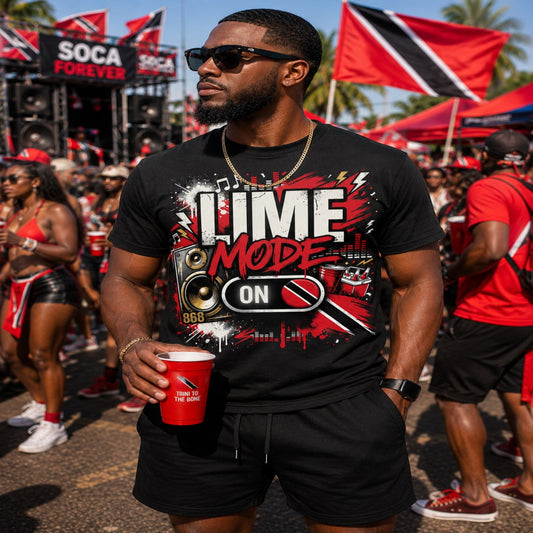 Man wearing black Lime Mode ON Trinidad t-shirt at Caribbean soca festival with Trinidad flags in background