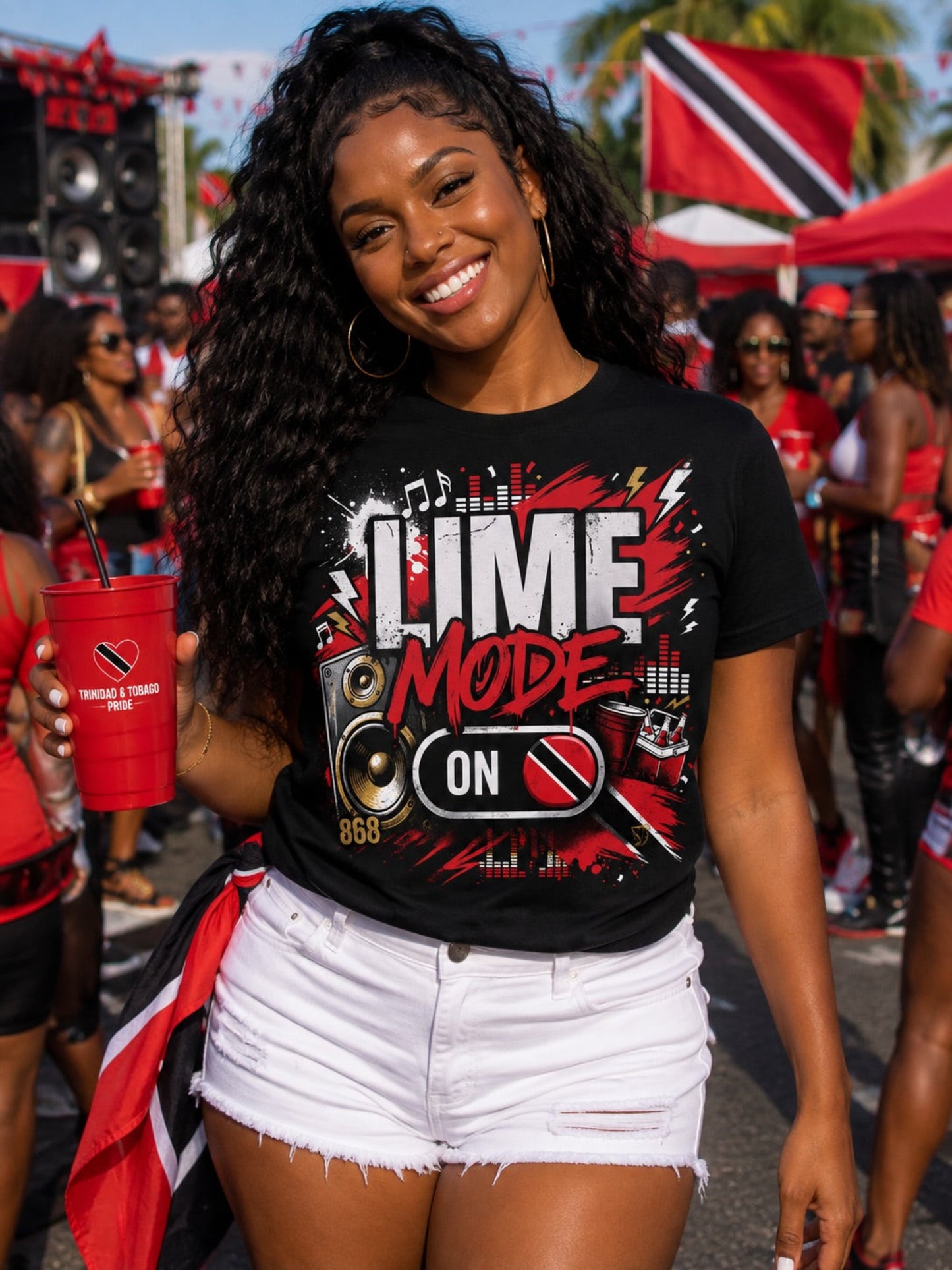 Woman at Caribbean street festival wearing Lime Mode ON Trinidad and Tobago pride tee
