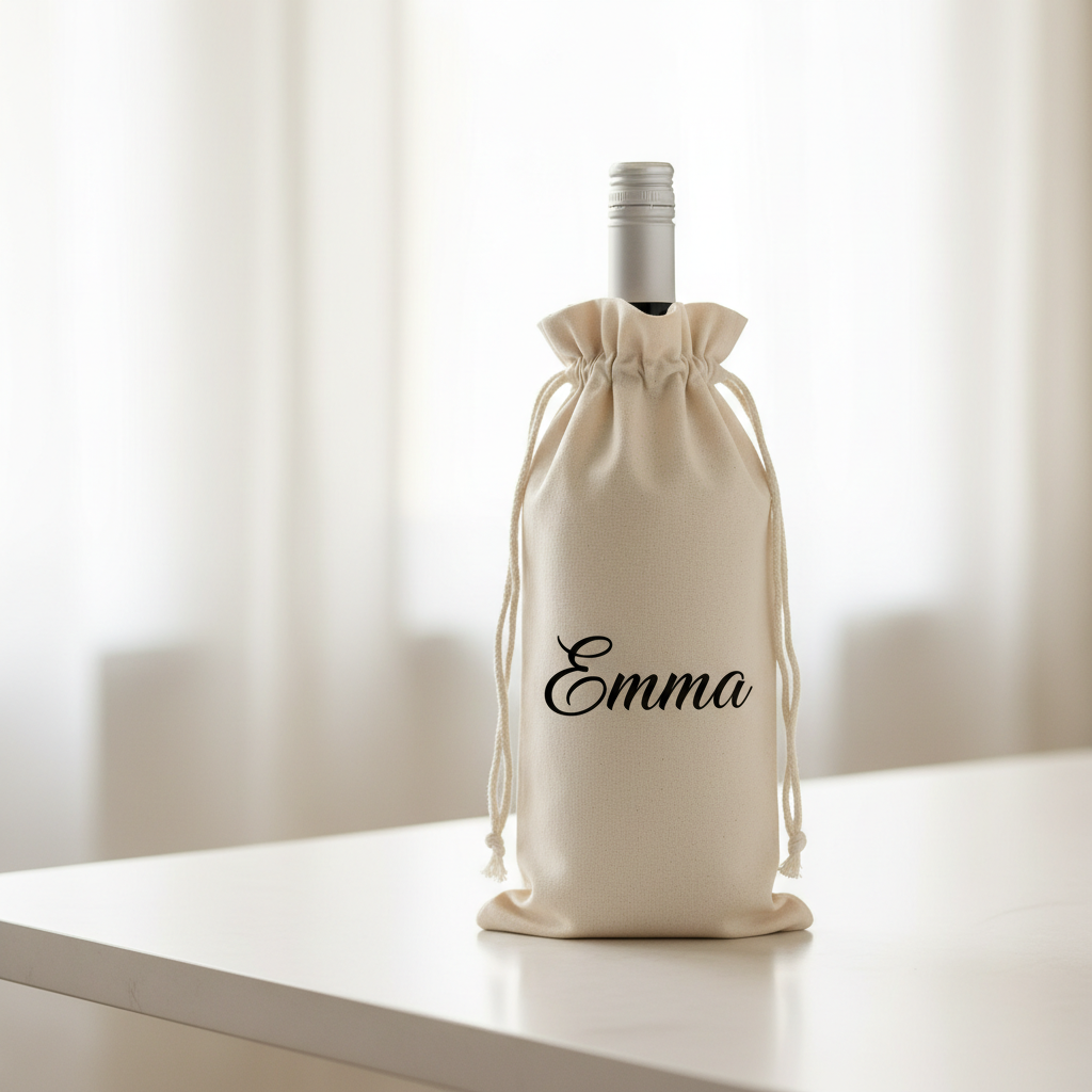 Lifestyle mockup of personalized canvas wine bag