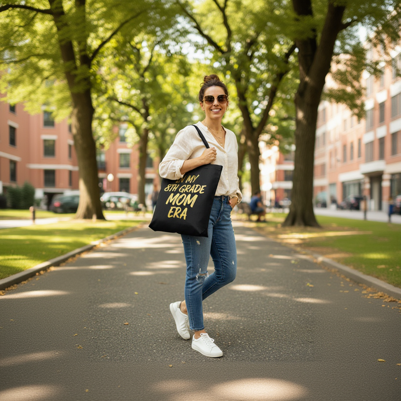 Lifestyle photo of Class of 2027 school spirit tote bag being carried outdoors
