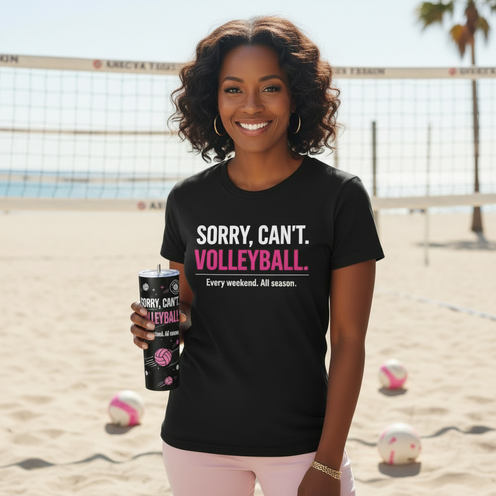 Lifestyle – Mom with Tumbler & Shirt, Volleyball Background