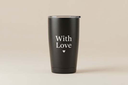 Matte black tumbler with "With Love" personalization