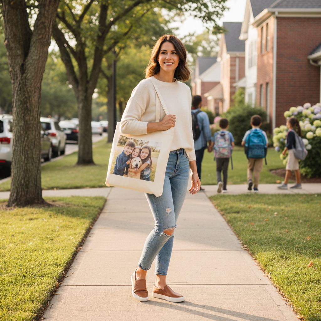 Mom carrying personalized canvas tote with family photo at school pickup