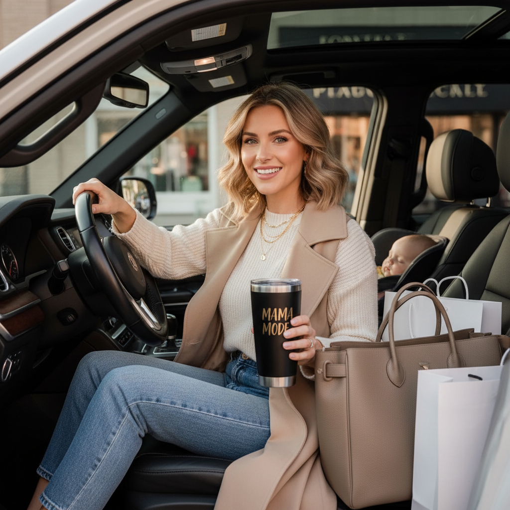 Mom holding tumbler in car running errands