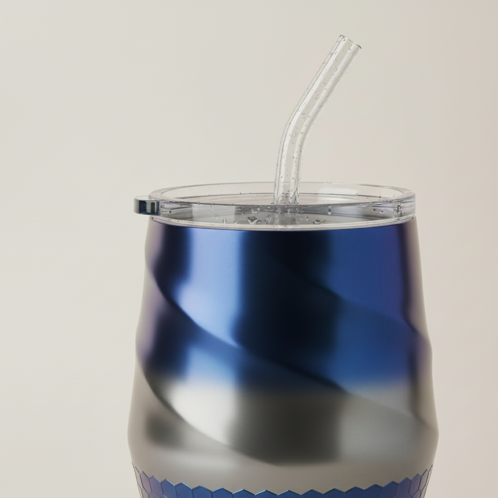 Navy and grey tumbler showcasing finish, shine, texture and lid detail
