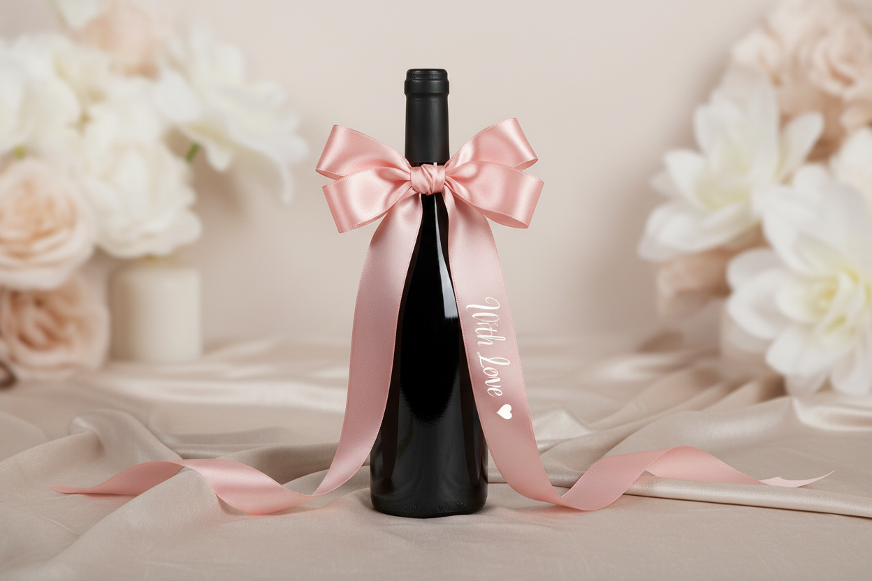 Personalized ribbon bow on wine bottle
