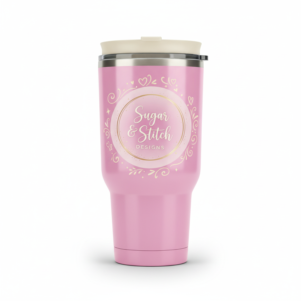 Pink tumbler with Sugar & Stitch Designs logo and cream embellishments