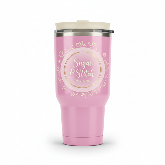 Pink tumbler with Sugar & Stitch Designs logo and cream embellishments