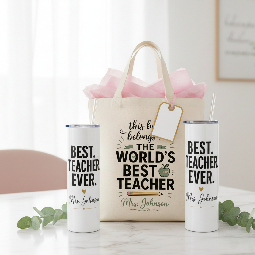 World's Best Teacher personalized natural canvas tote bag with teacher name Mrs. Johnson — part of custom teacher gift bundle by Sugar and Stitch Designs

