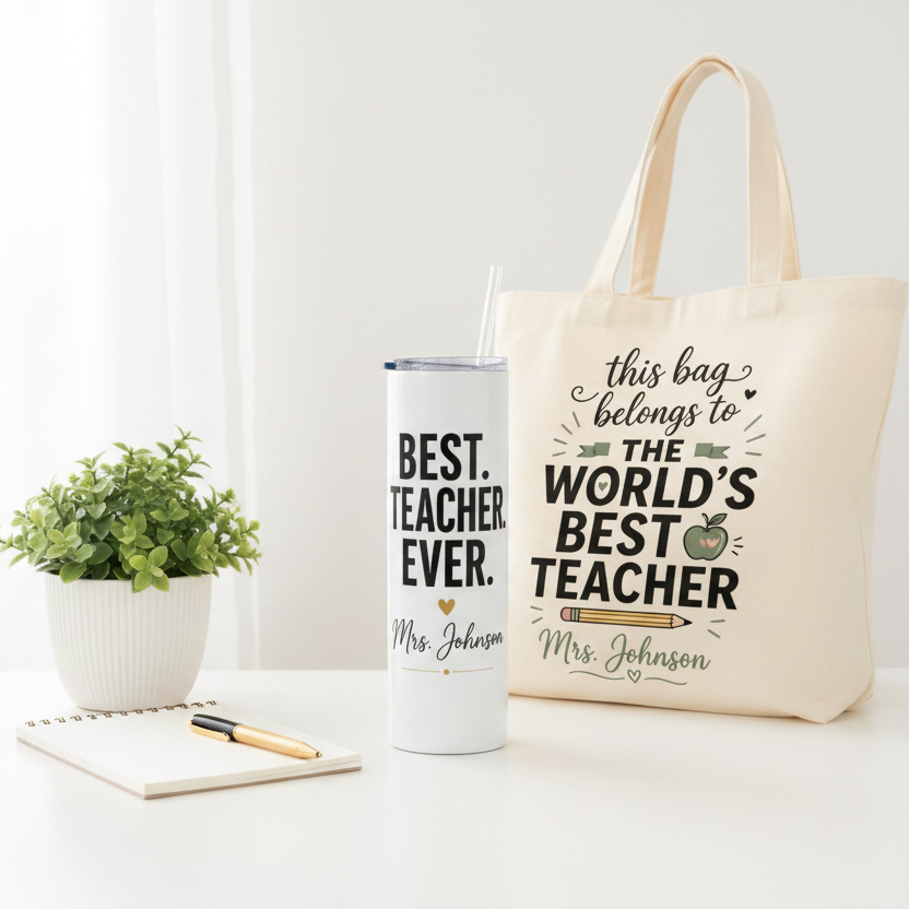 Personalized teacher gift bundle including custom 20oz skinny tumbler and canvas tote bag — Teacher Appreciation Week gift set by Sugar and Stitch Designs

