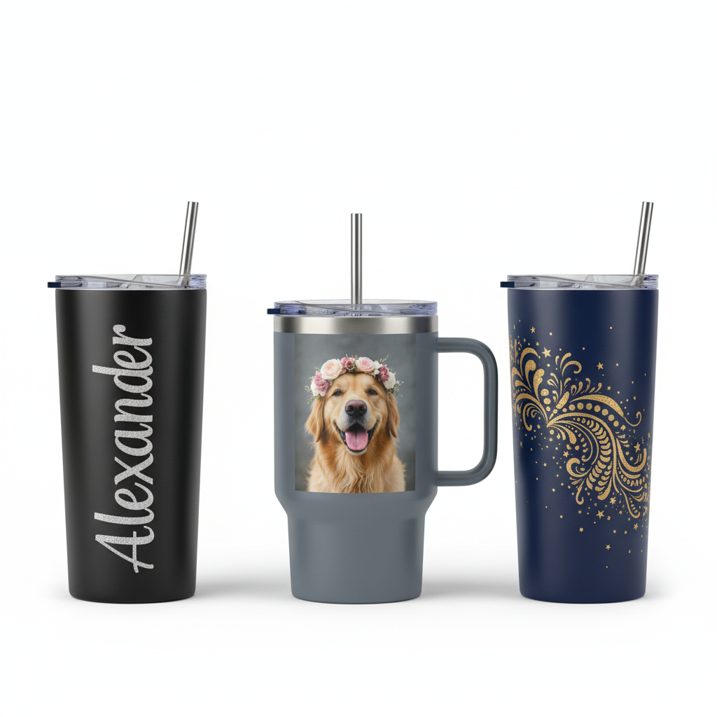 Three tumblers in unisex colors showing name, photo, and style versions
