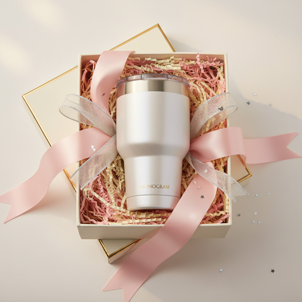 Tumbler in gift box with tissue paper ready to gift