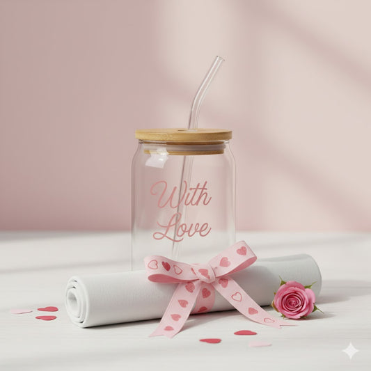 Glass jar with straw and wooden lid, tied with a pink ribbon and rose on a light pink background