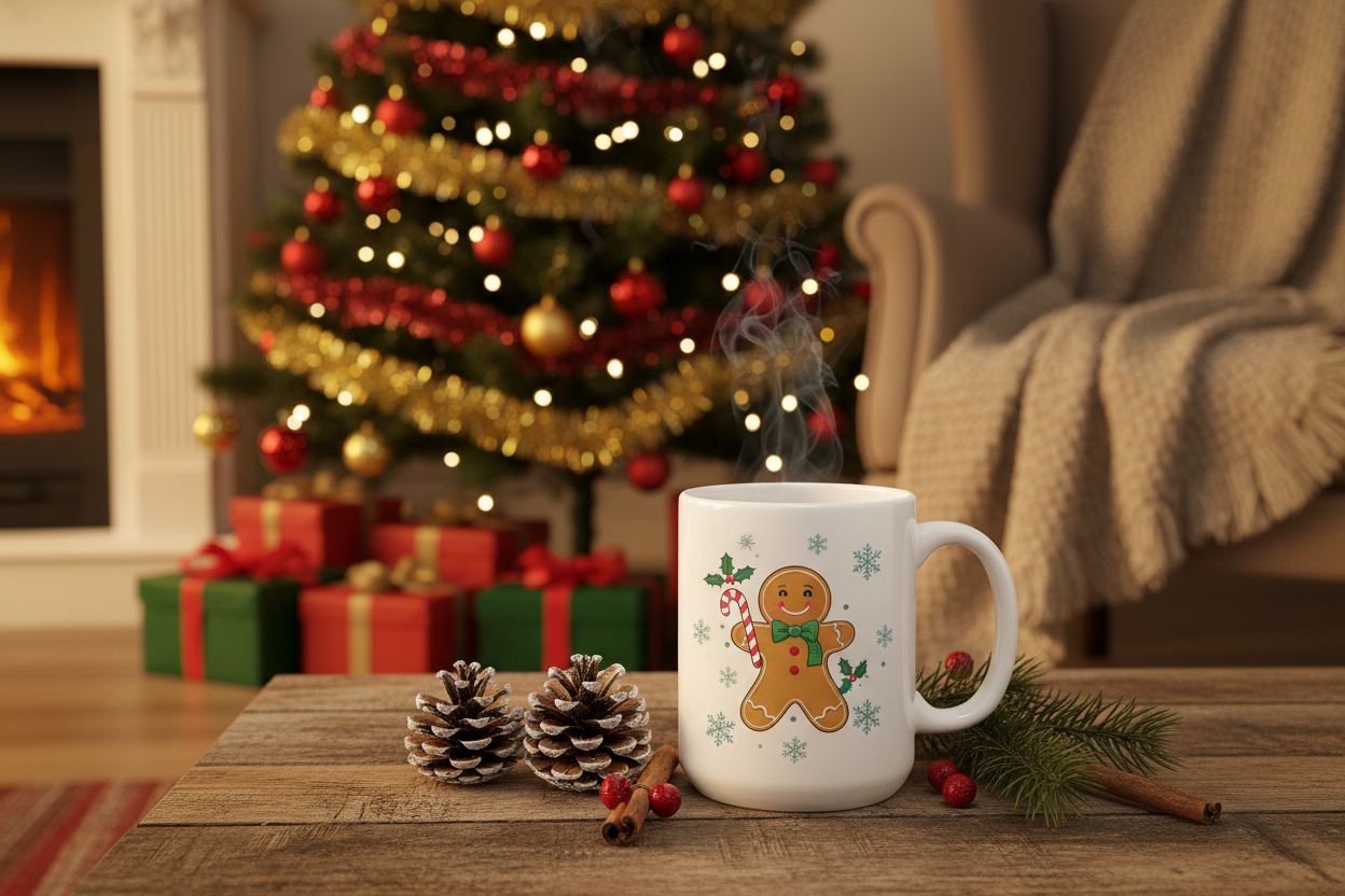 White coffee mug with Christmas design in cozy holiday scene