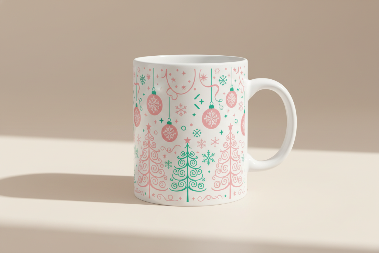 White coffee mug with pink and green Christmas design