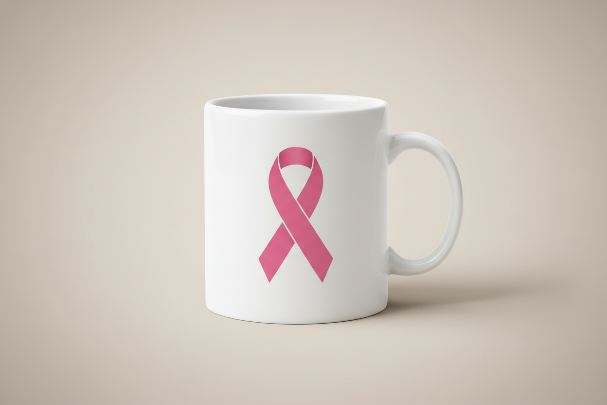 White coffee mug with pink cancer ribbon