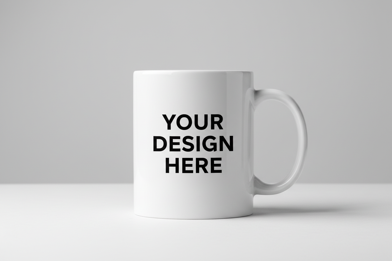 White coffee mug with YOUR DESIGN HERE text