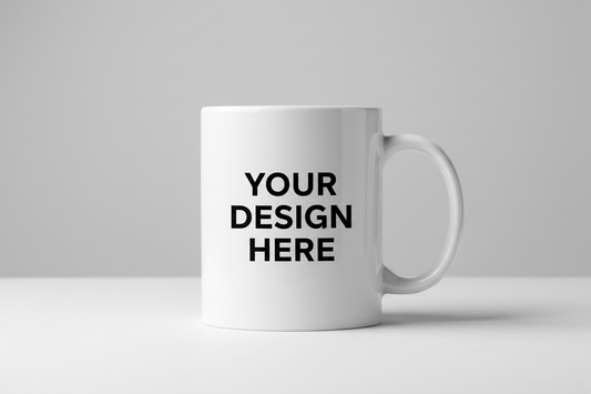 White coffee mug with YOUR DESIGN HERE text