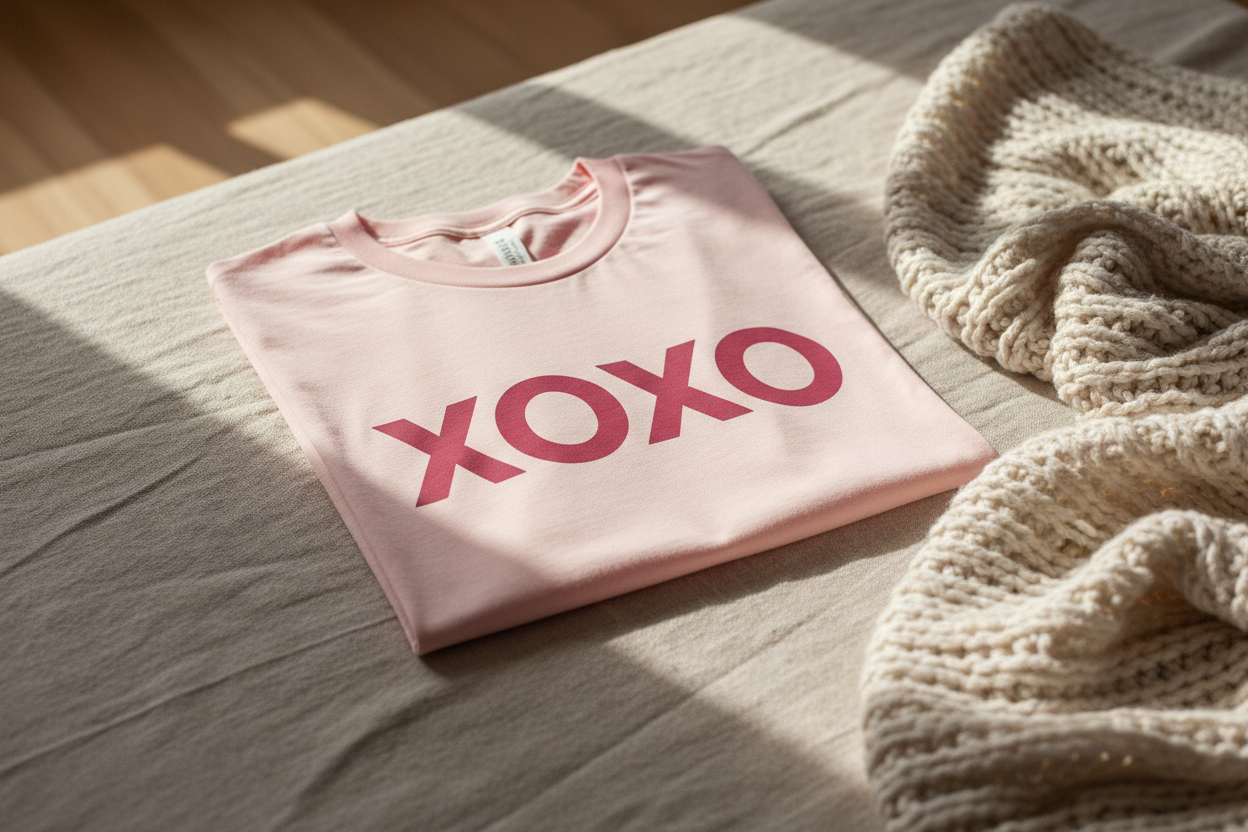 XOXO shirt flat lay with Valentine décor